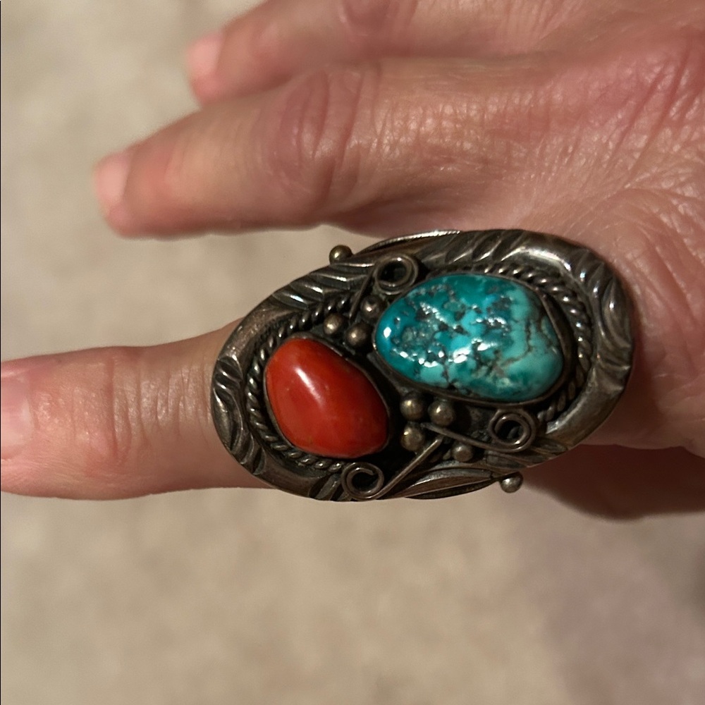 Turquoise and Coral Silver Ring measures 8.5
